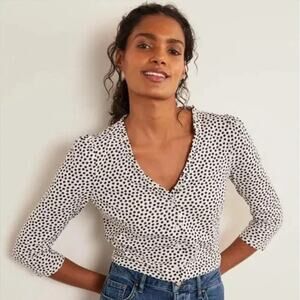 Boden Top Womens 10 White Blue Freya Jersey Knit Navy Polka Dot Speckled Ivory